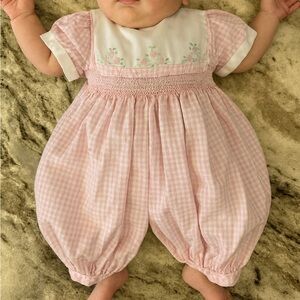 VTG CARRIAGE BOUTIQUES SMOCKED PINK GINGHAM BABY BUBBLE INFANT GIRLS 3 MONTHS